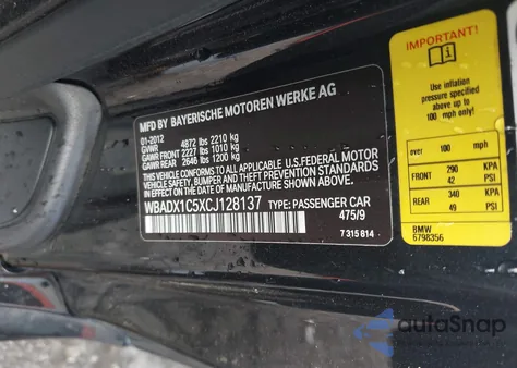 2012 BMW 335Is z USA, uszkodzony, nr VIN WBADX1C5XCJ128137